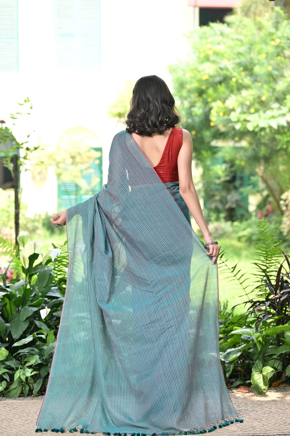 Handloom Green Mulmul Cotton Saree With Stripes