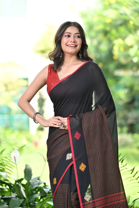 Handloom Black Soft Cotton Jamdani Saree