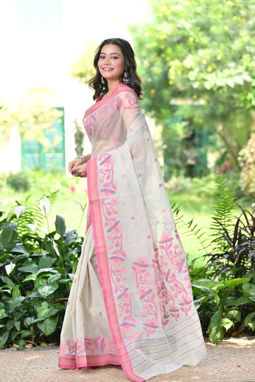 Handloom Grey Pure Cotton Jamdani With Pink Border