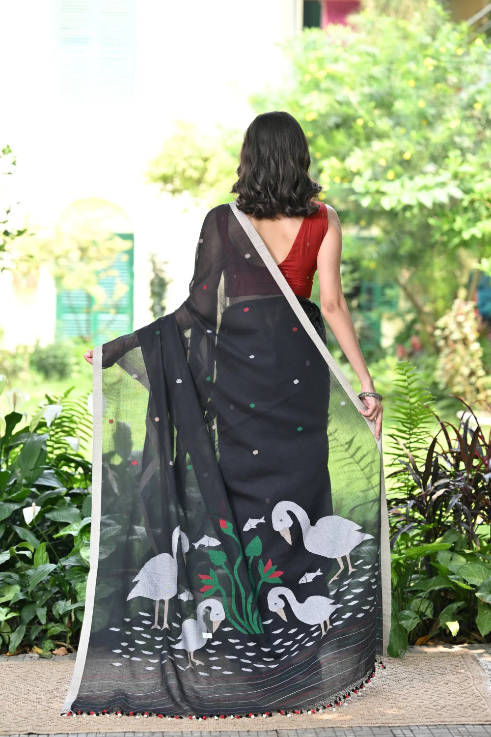 Handloom Black Soft Cotton Jamdani Saree with Woven Bird Motifs