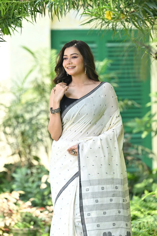 Handloom White & Black Soft Cotton Jamdani Saree