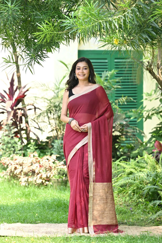 Handloom Wine Pure Cotton Saree With Tussar Silk Border & Jute Pallu