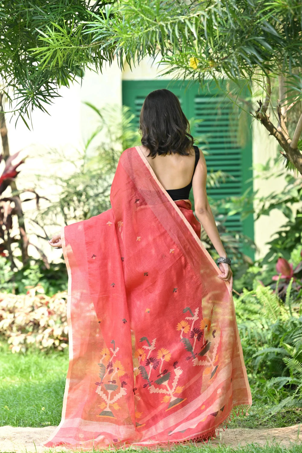 Handloom Red Pure Linen Zari Jamdani Saree