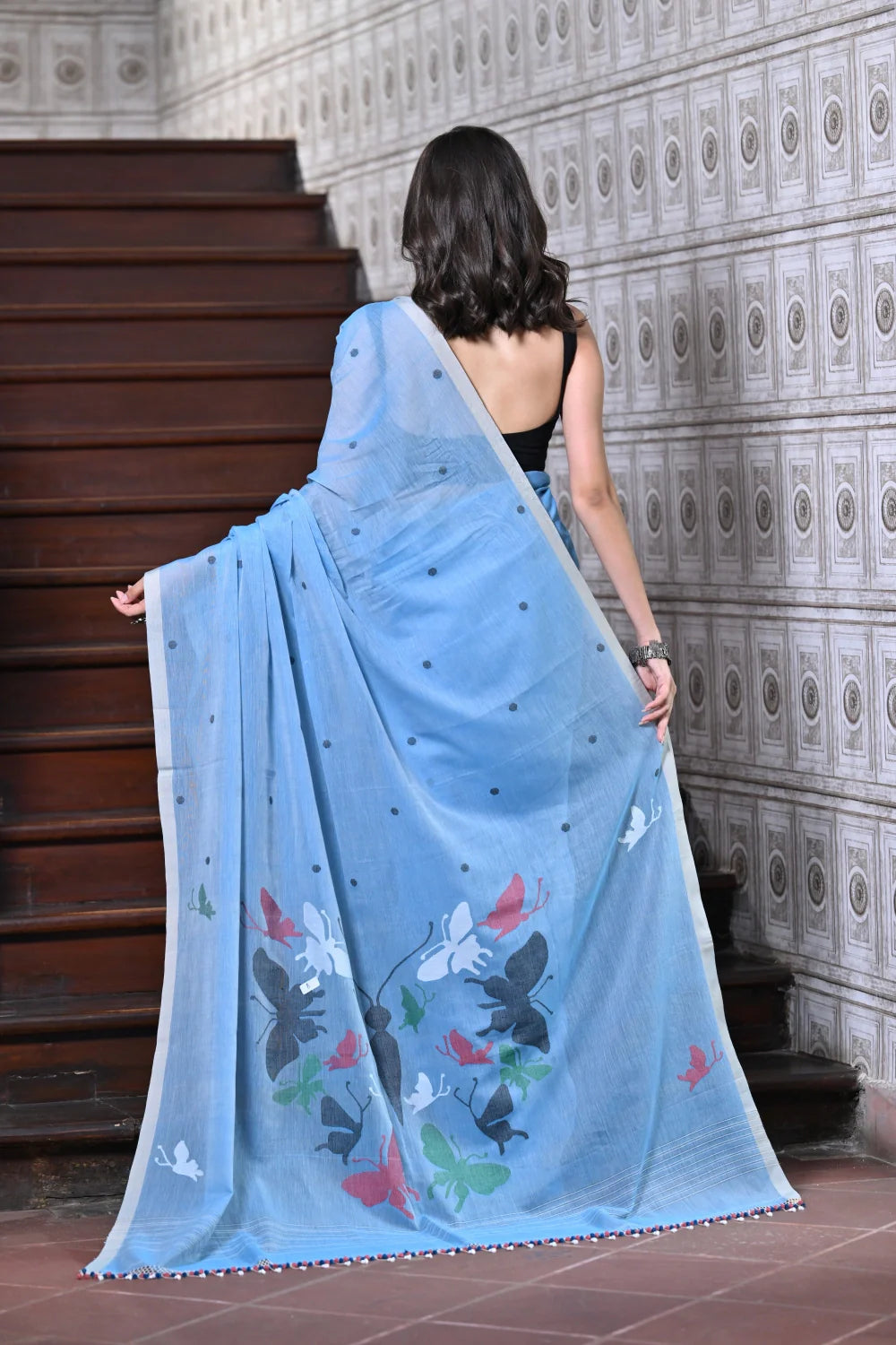 Handloom Blue Contemporary Jamdani With Butterfly Motifs Saree