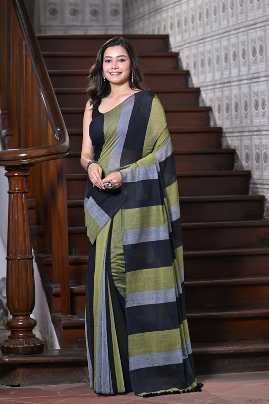 Handloom Black Tricolour Stripes Mulmul Cotton Saree