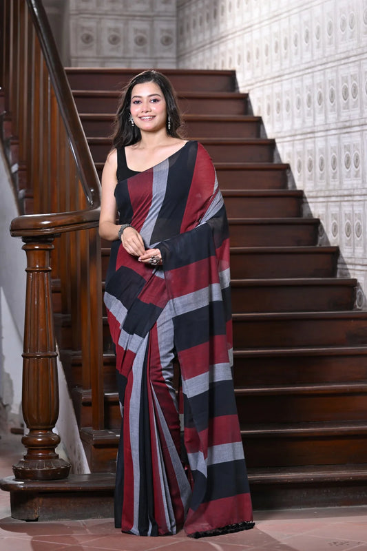 Handloom Black Tricolour Stripes Mulmul Cotton Saree