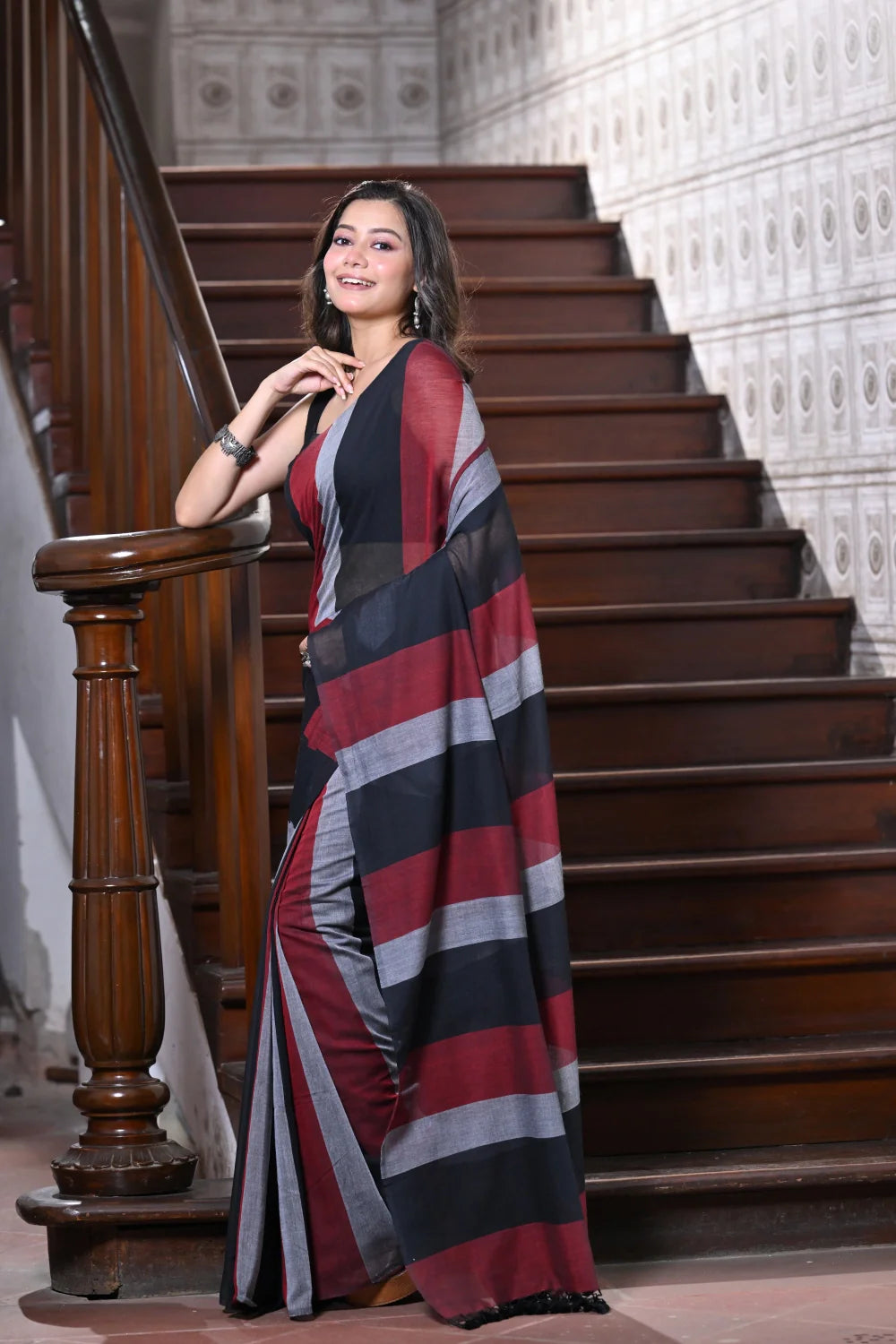 Handloom Black Tricolour Stripes Mulmul Cotton Saree