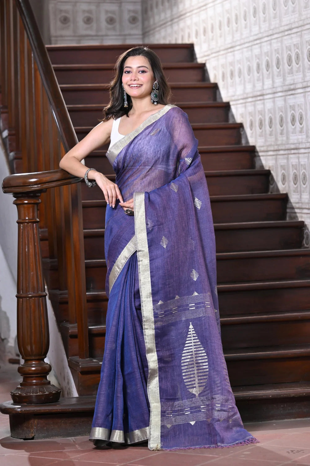 Handloom Purblish Blue Pure Linen Zari Jameedani Saree