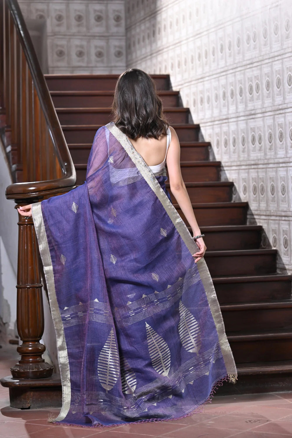 Handloom Purblish Blue Pure Linen Zari Jameedani Saree