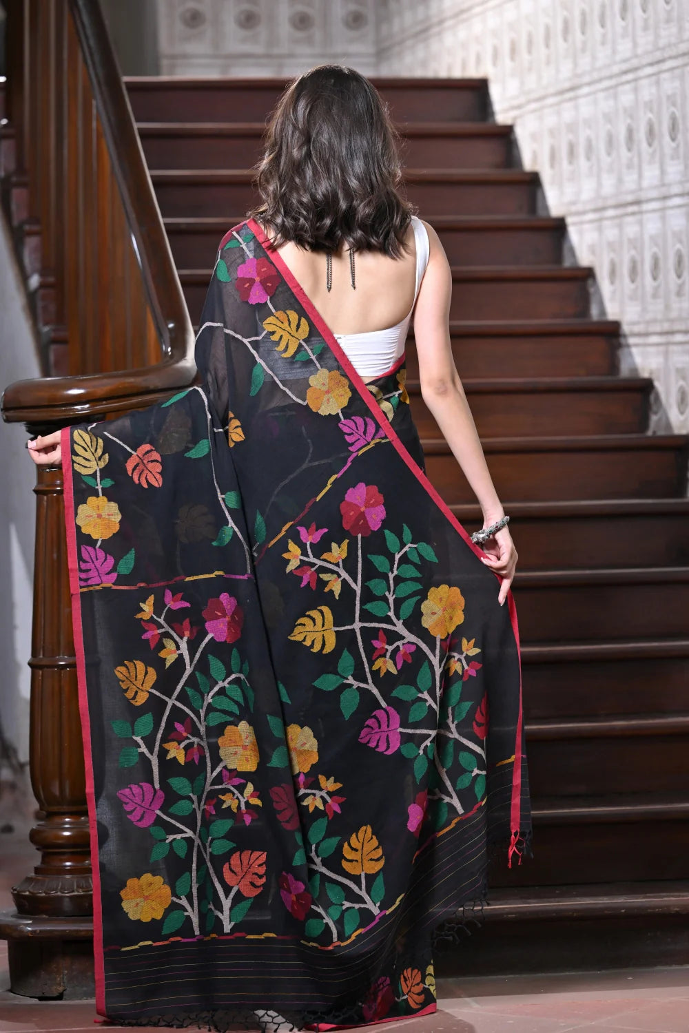 Handloom Black Soft Cotton Jamdani With Multi Colour Floral Motifs