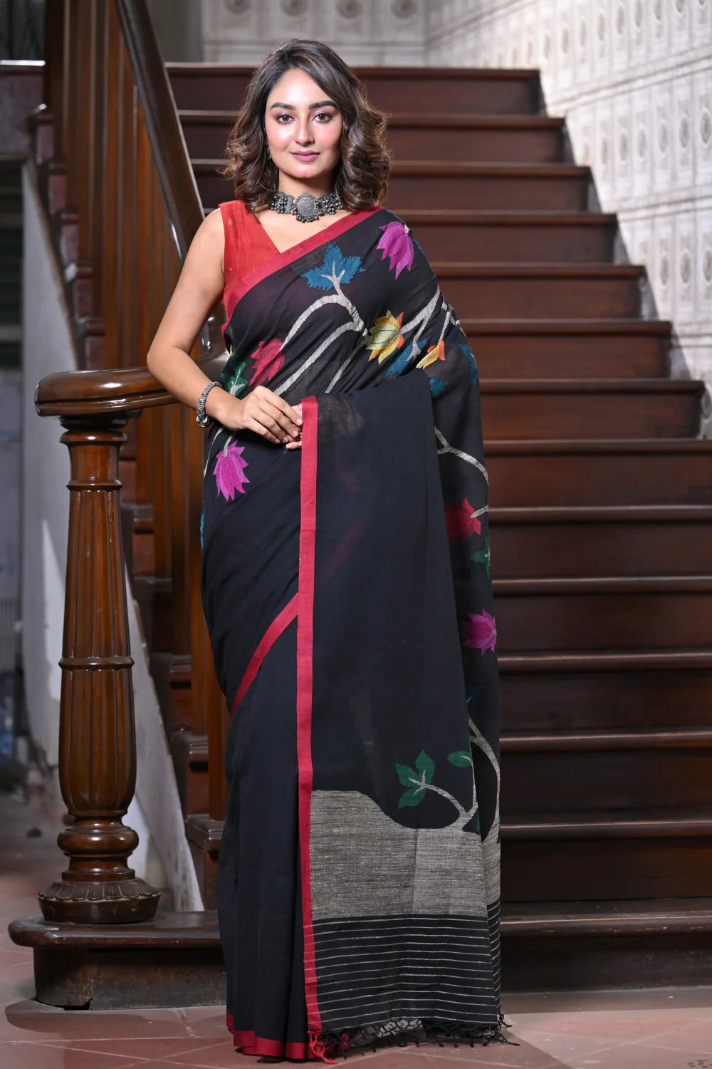 Handloom Black Soft Cotton Jamdani With Multi Colour Floral Motifs