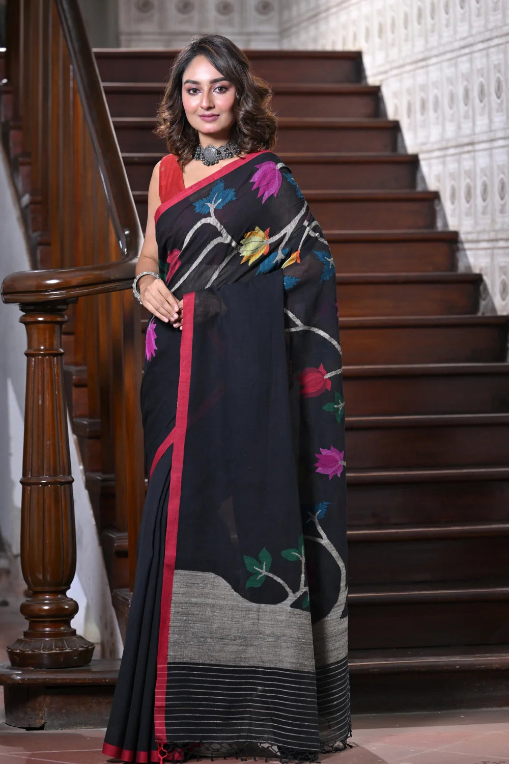 Handloom Black Soft Cotton Jamdani With Multi Colour Floral Motifs