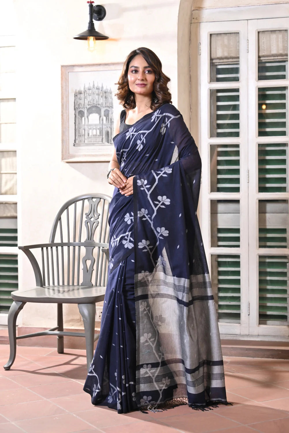 Handloom Navy Blue Soft Cotton Jamdani Saree