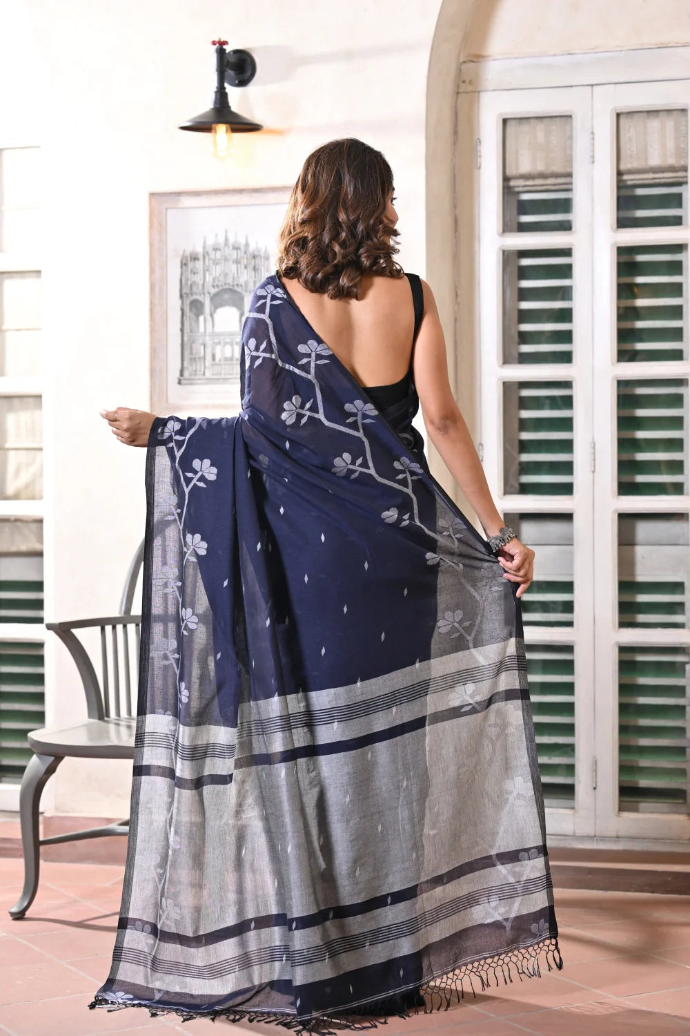 Handloom Navy Blue Soft Cotton Jamdani Saree