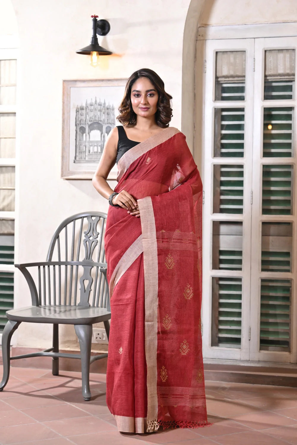 Handloom Maroon Pure Linen Jamdani Saree