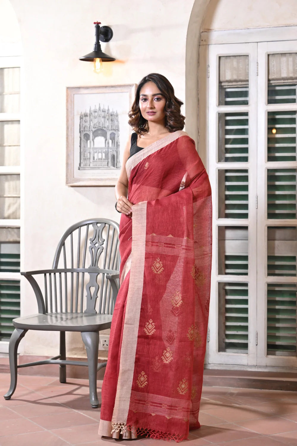 Handloom Maroon Pure Linen Jamdani Saree