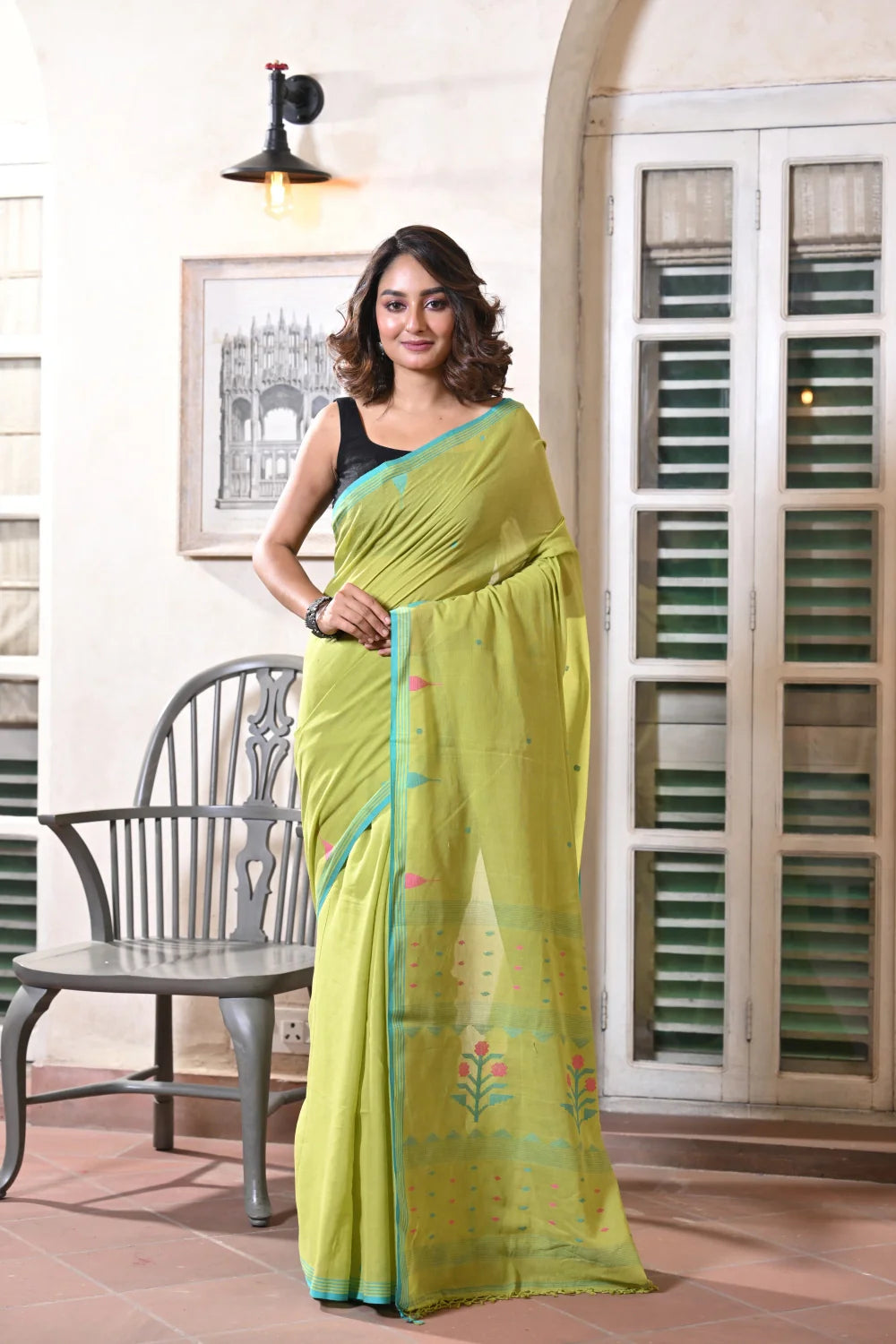 Handloom Yellow Green Soft Cotton Jamdani Saree