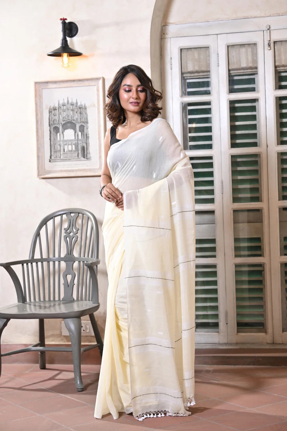 Handloom Lemon Mulmul Cotton Saree