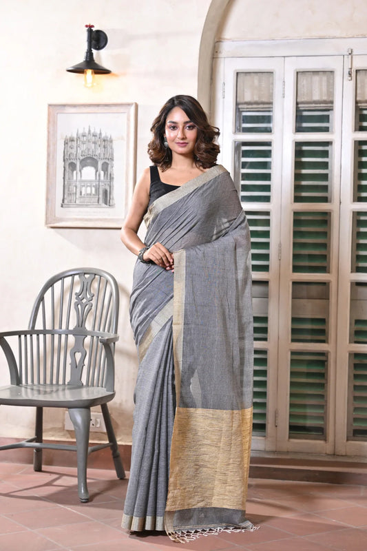 Handloom Grey Pure Cotton Saree With Tussar Silk Border & Jute Pallu