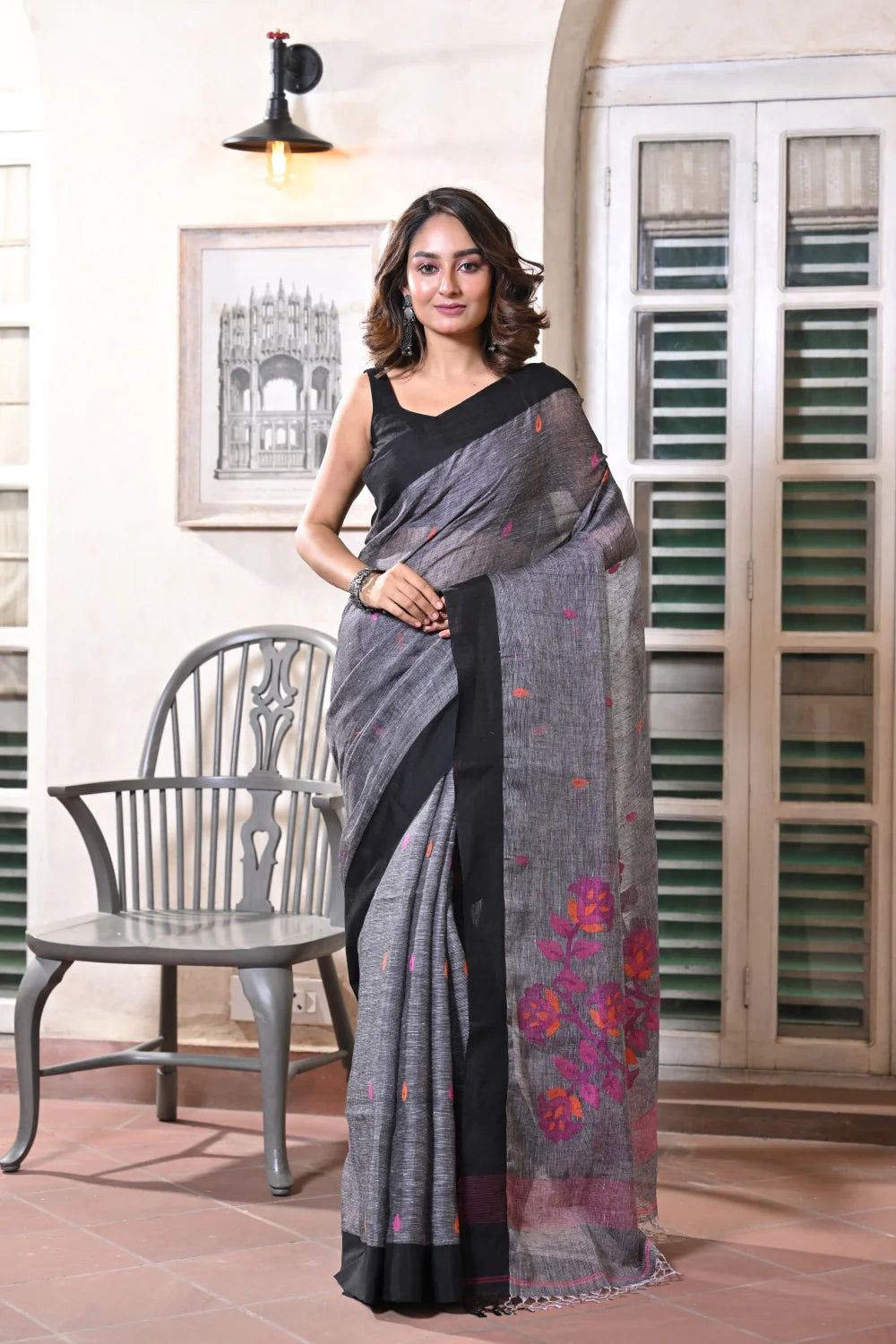 Handloom Grey Pure Linen Jamdani Saree