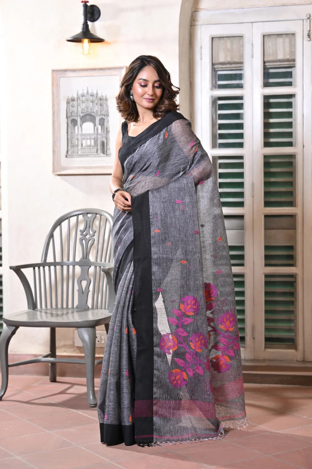 Handloom Grey Pure Linen Jamdani Saree