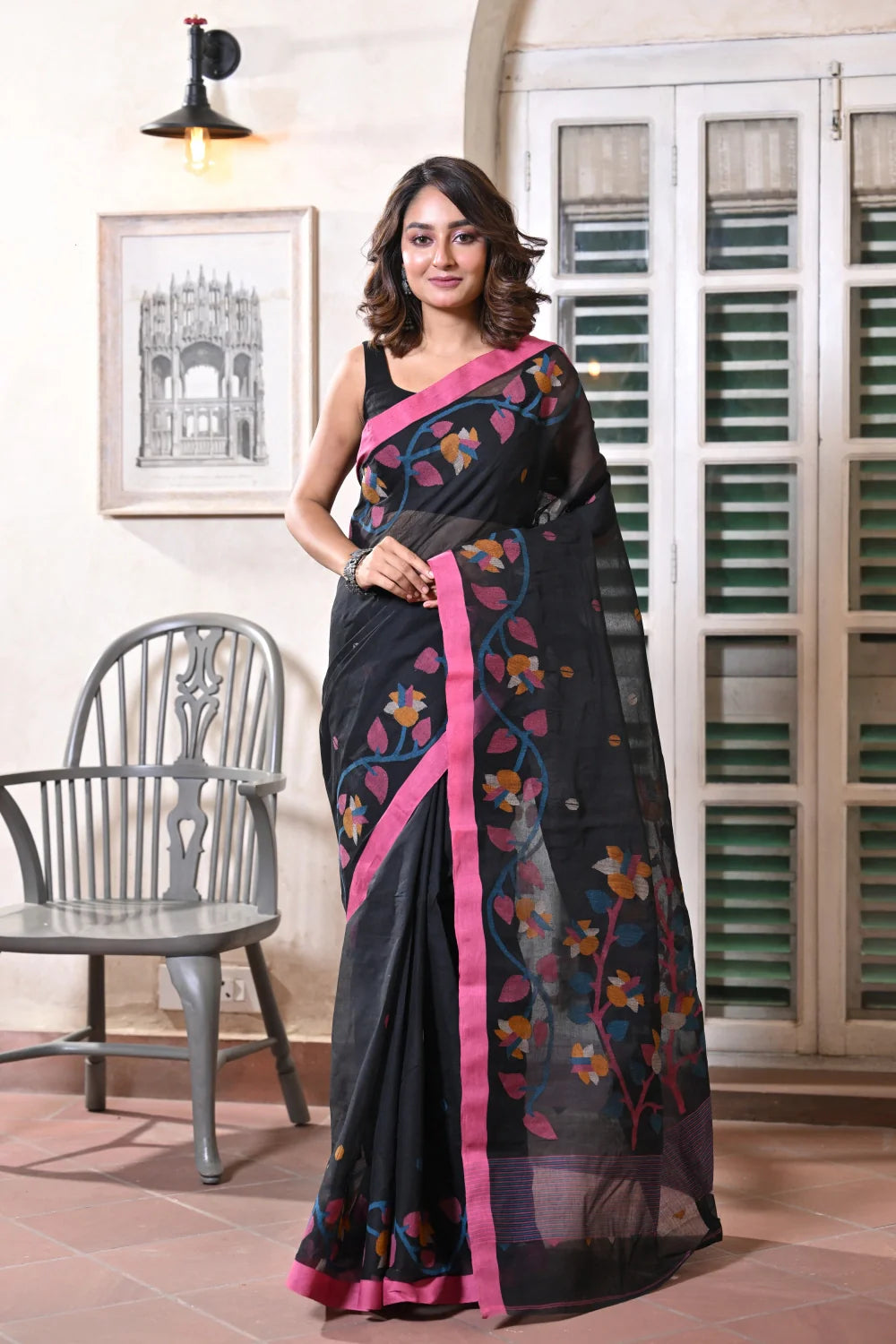 Handloom Black Pure Cotton Jamdani With Pink Border