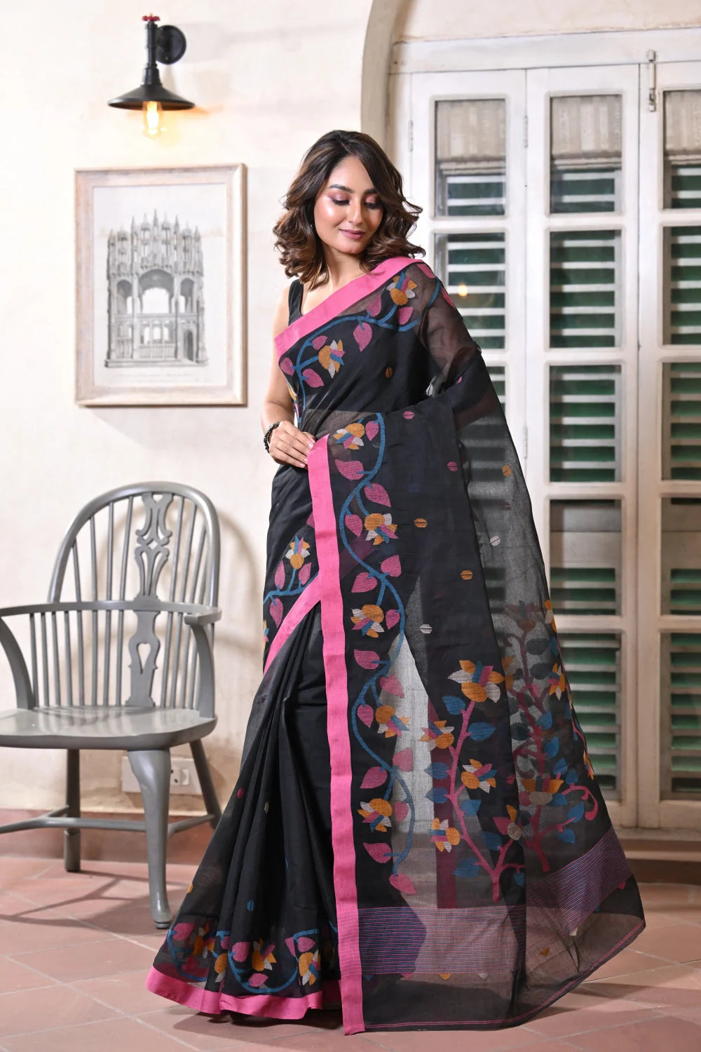 Handloom Black Pure Cotton Jamdani With Pink Border