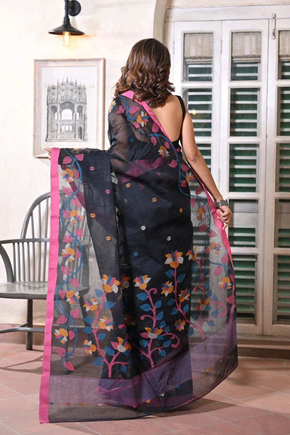 Handloom Black Pure Cotton Jamdani With Pink Border