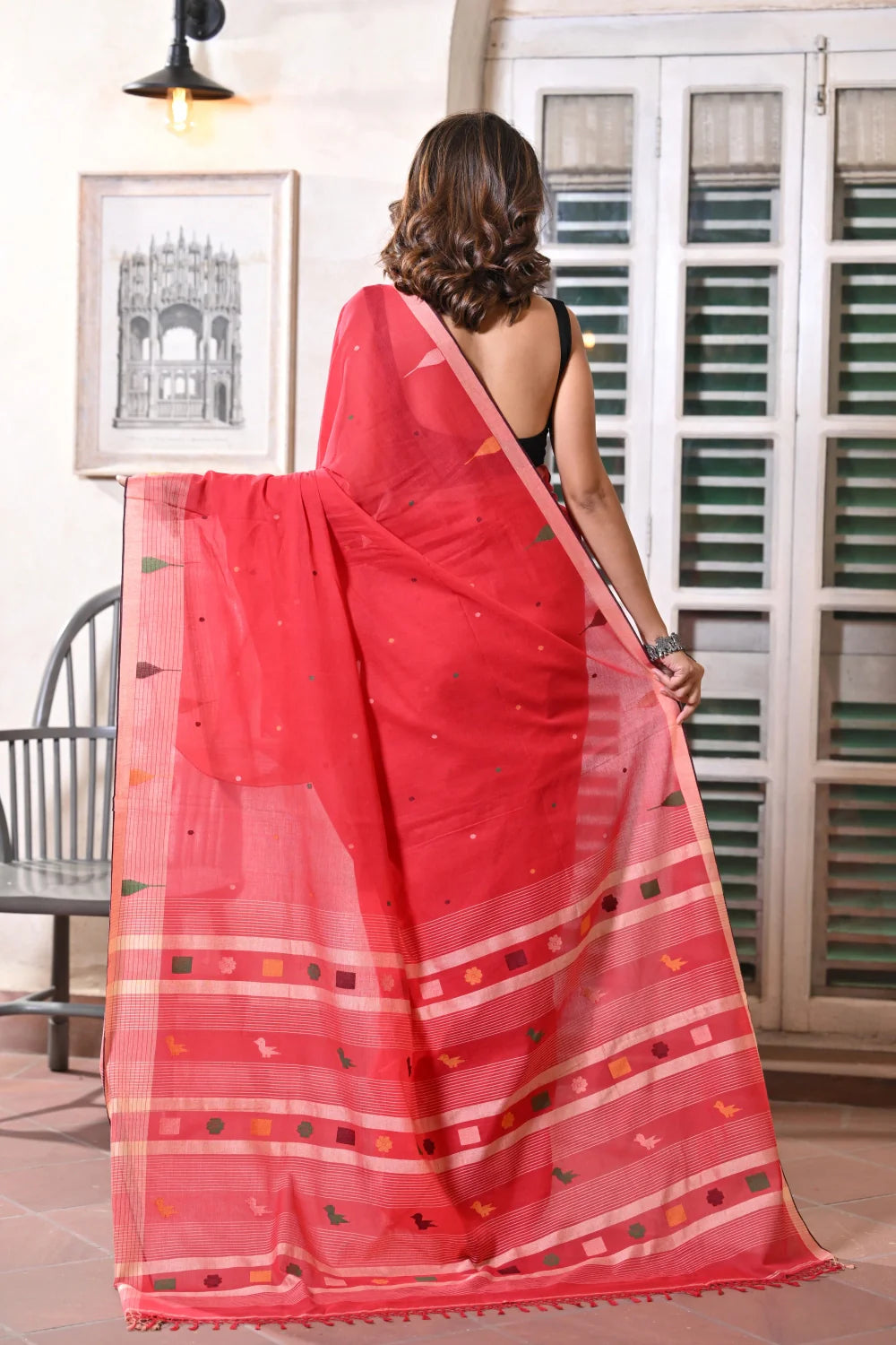 Handloom Red Soft Cotton Jamdani Saree Woven Bird Motifs In Pallu