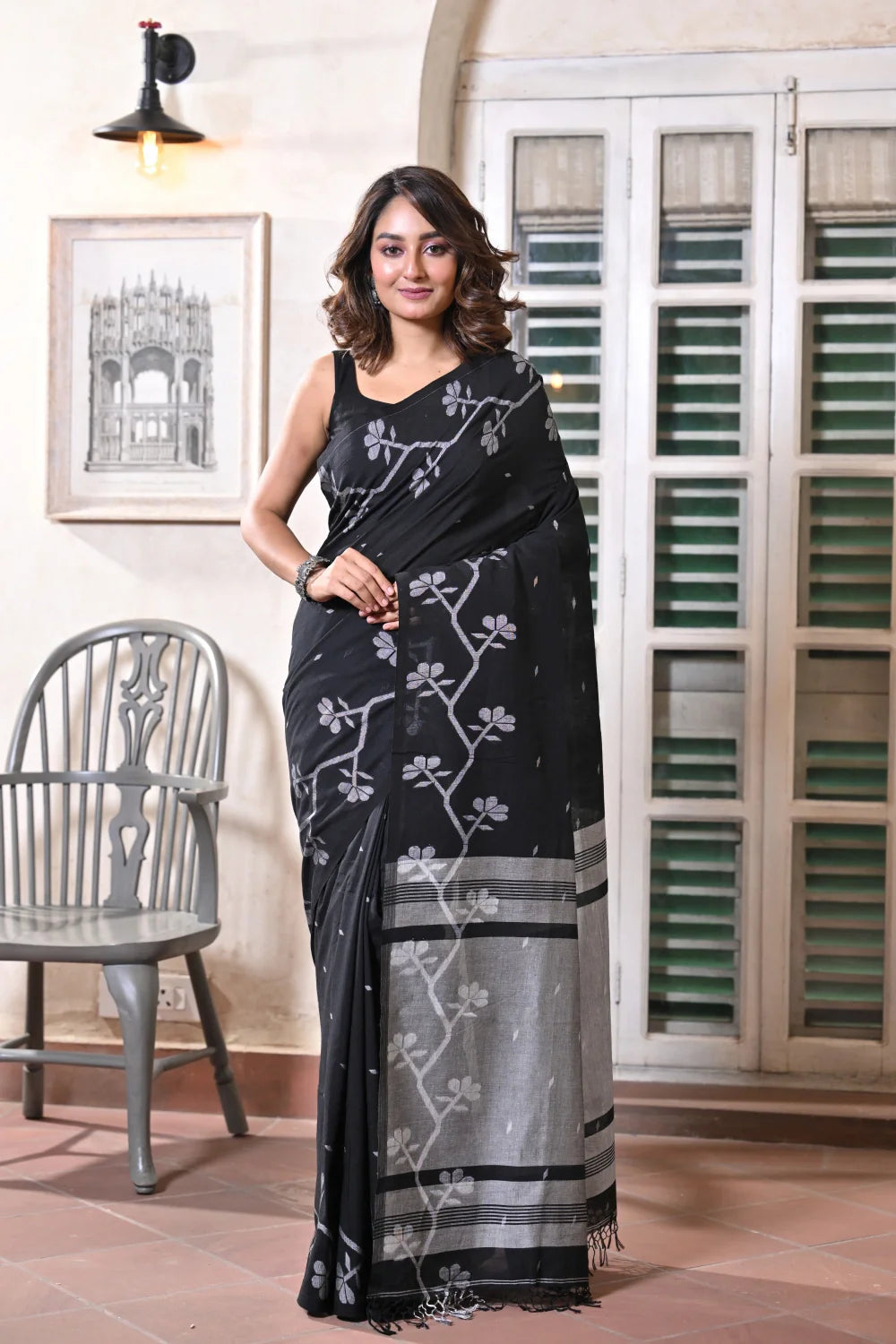 Handloom Black Soft Cotton Jamdani Saree