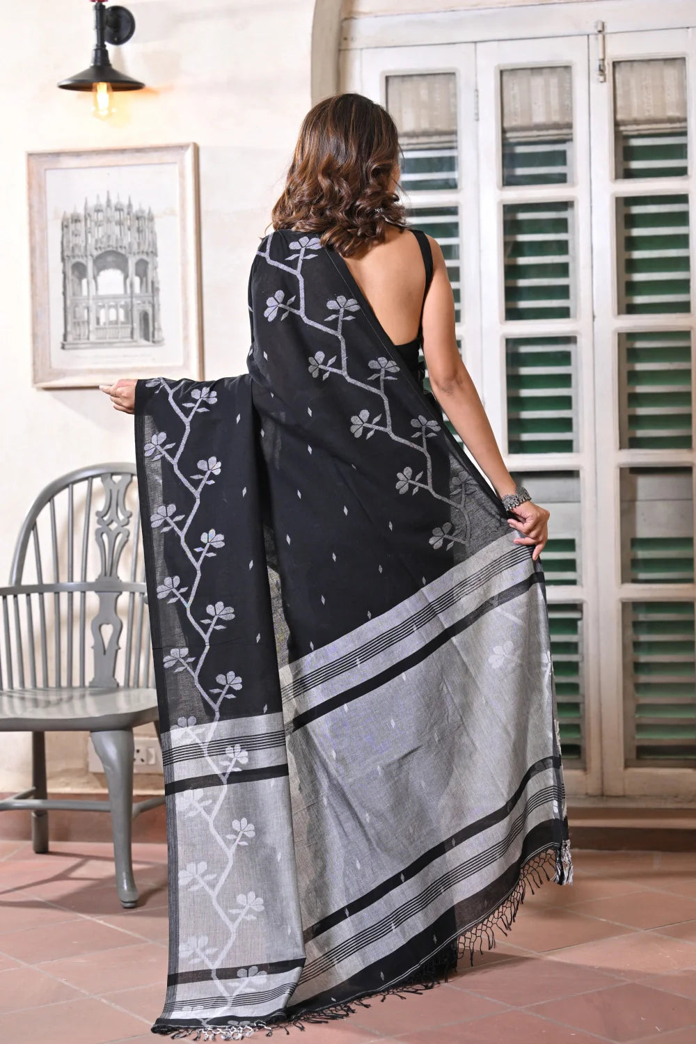 Handloom Black Soft Cotton Jamdani Saree