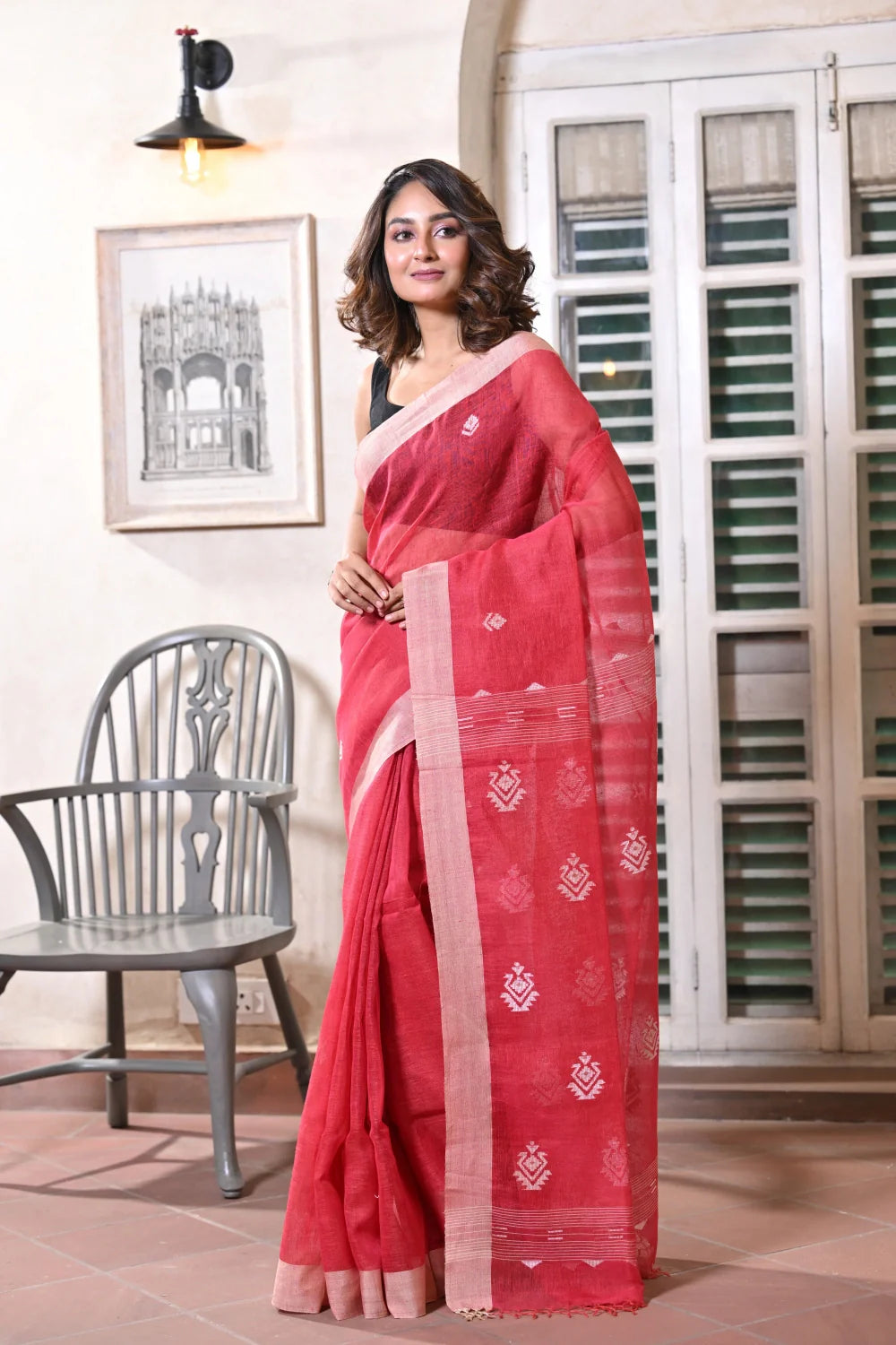 Handloom Blush Red Pure Linen Jamdani Saree