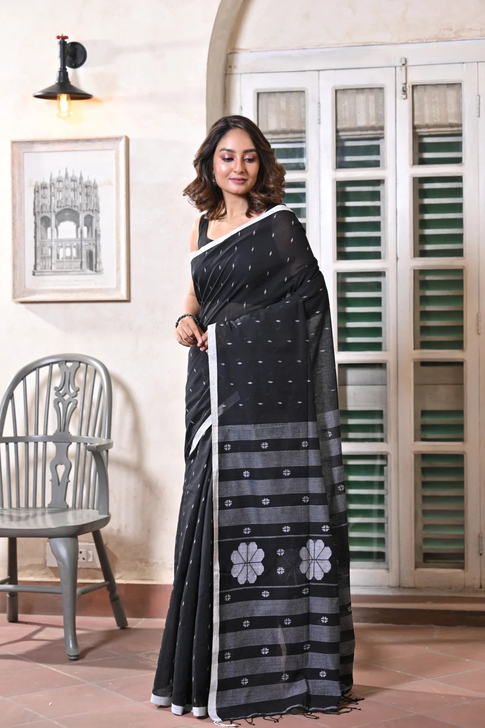 Handloom Black Soft Cotton Jamdani Saree