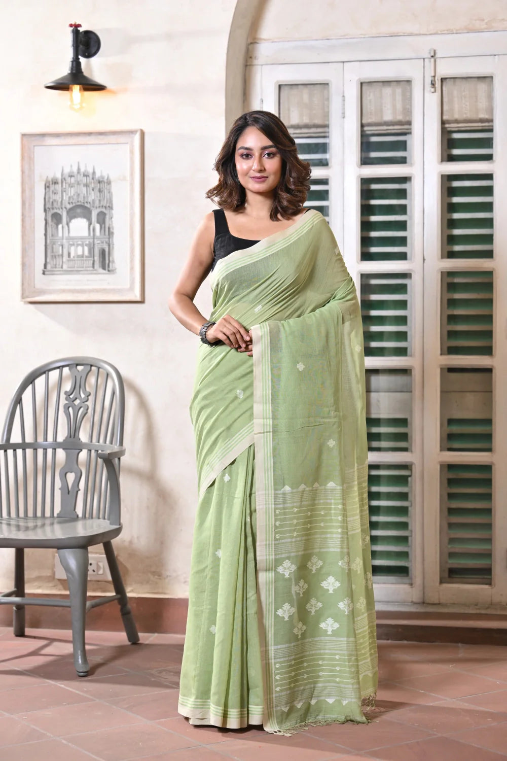 Handloom Green Pure Cotton Jamdani Saree