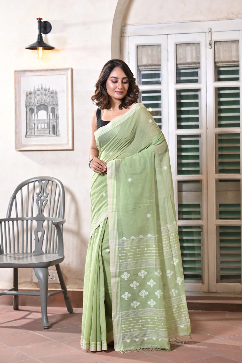 Handloom Green Pure Cotton Jamdani Saree