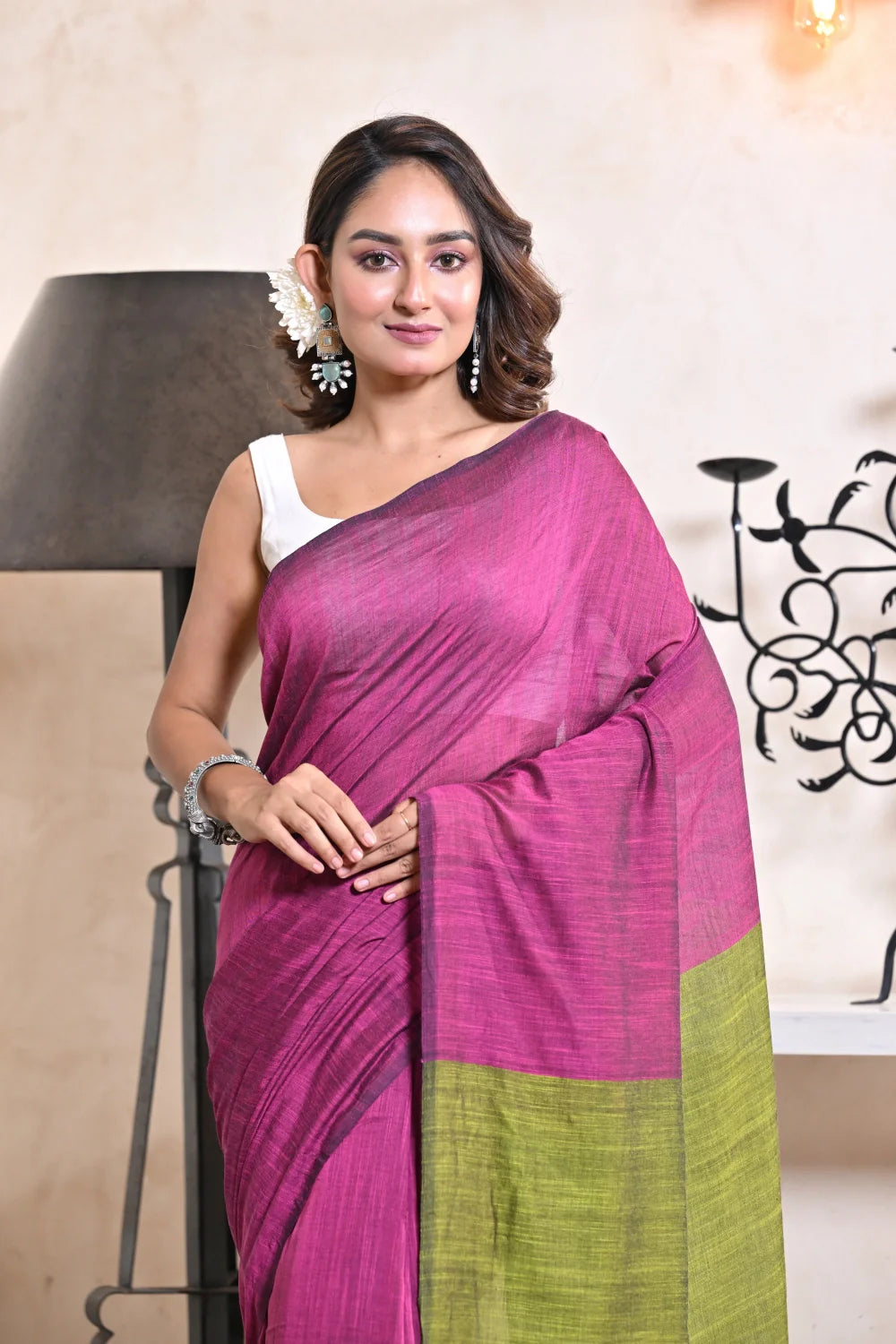 Handloom Pink Mulmul Cotton Saree With Green Pallu