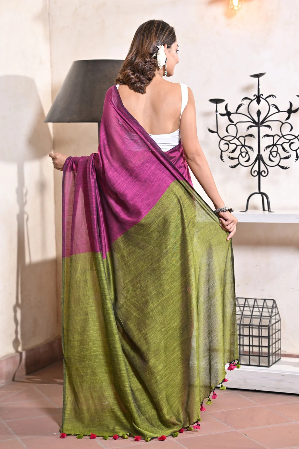 Handloom Pink Mulmul Cotton Saree With Green Pallu