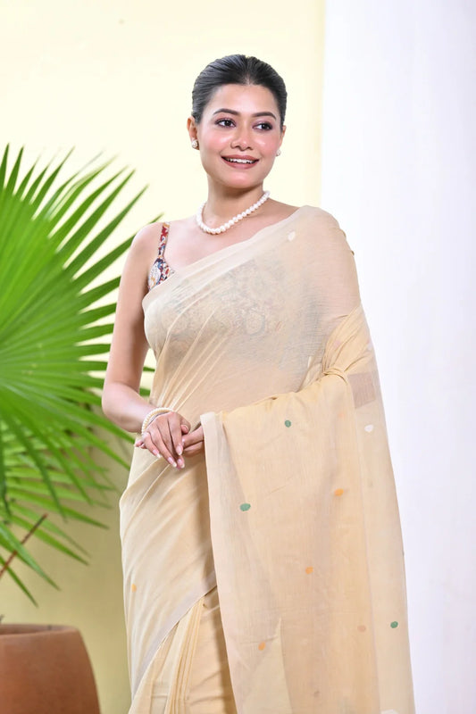 Handloom Yellow Cream Contemporary Jamdani Saree With Bird Motifs