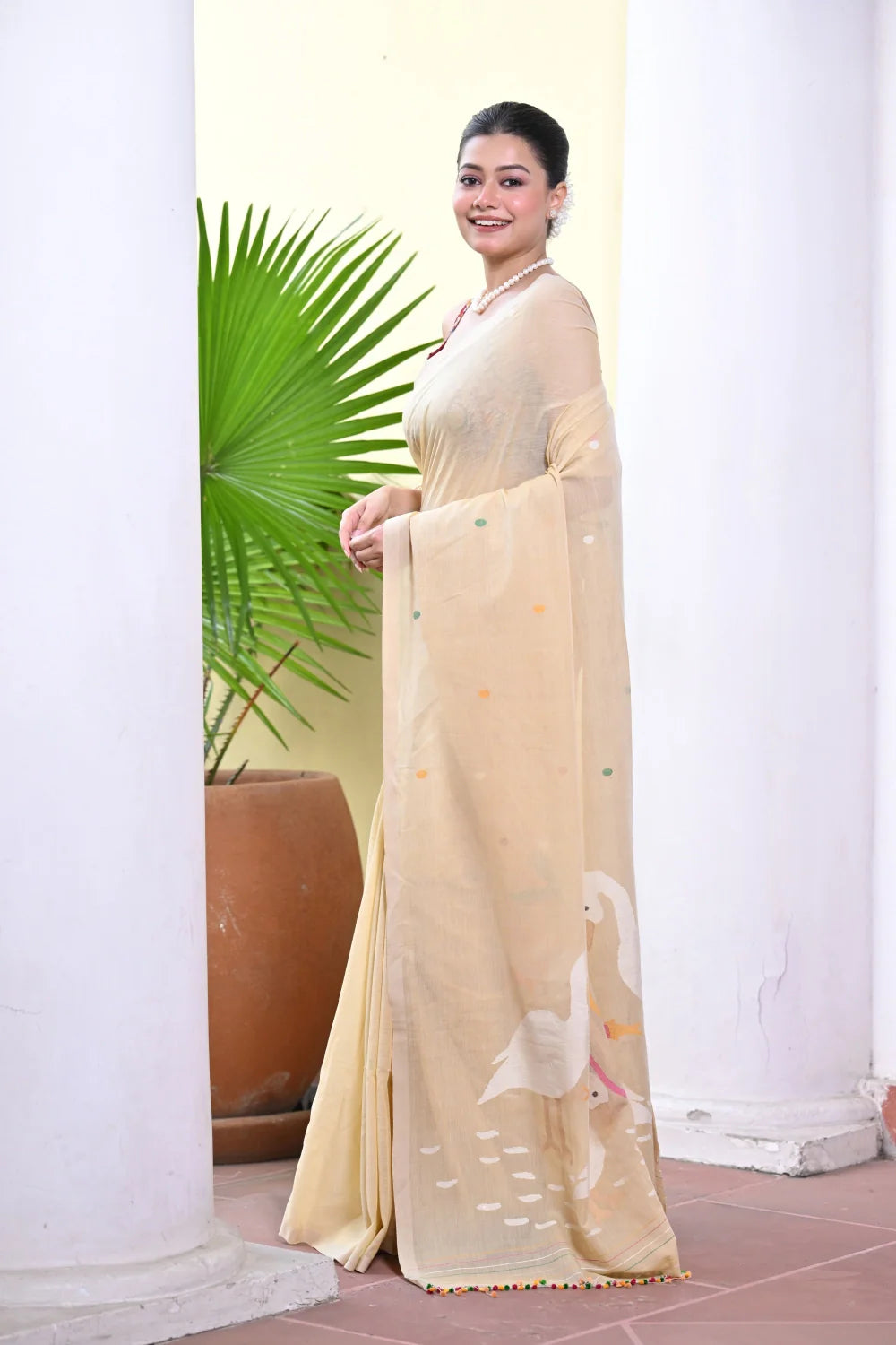 Handloom Yellow Cream Contemporary Jamdani Saree With Bird Motifs