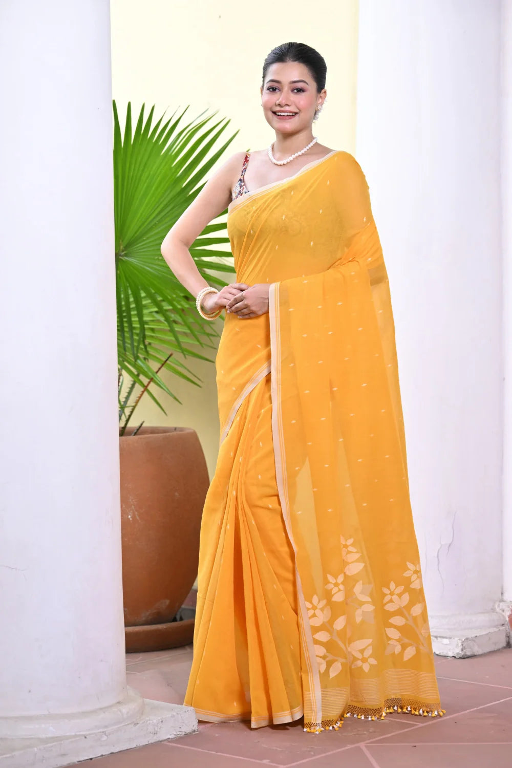 Handloom Gold Yellow Contemporary Jamdani With Floral Motifs Saree