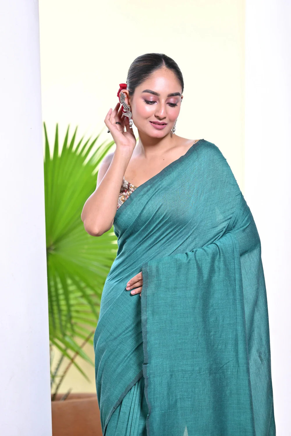 Handloom Dark Green Mul Saree