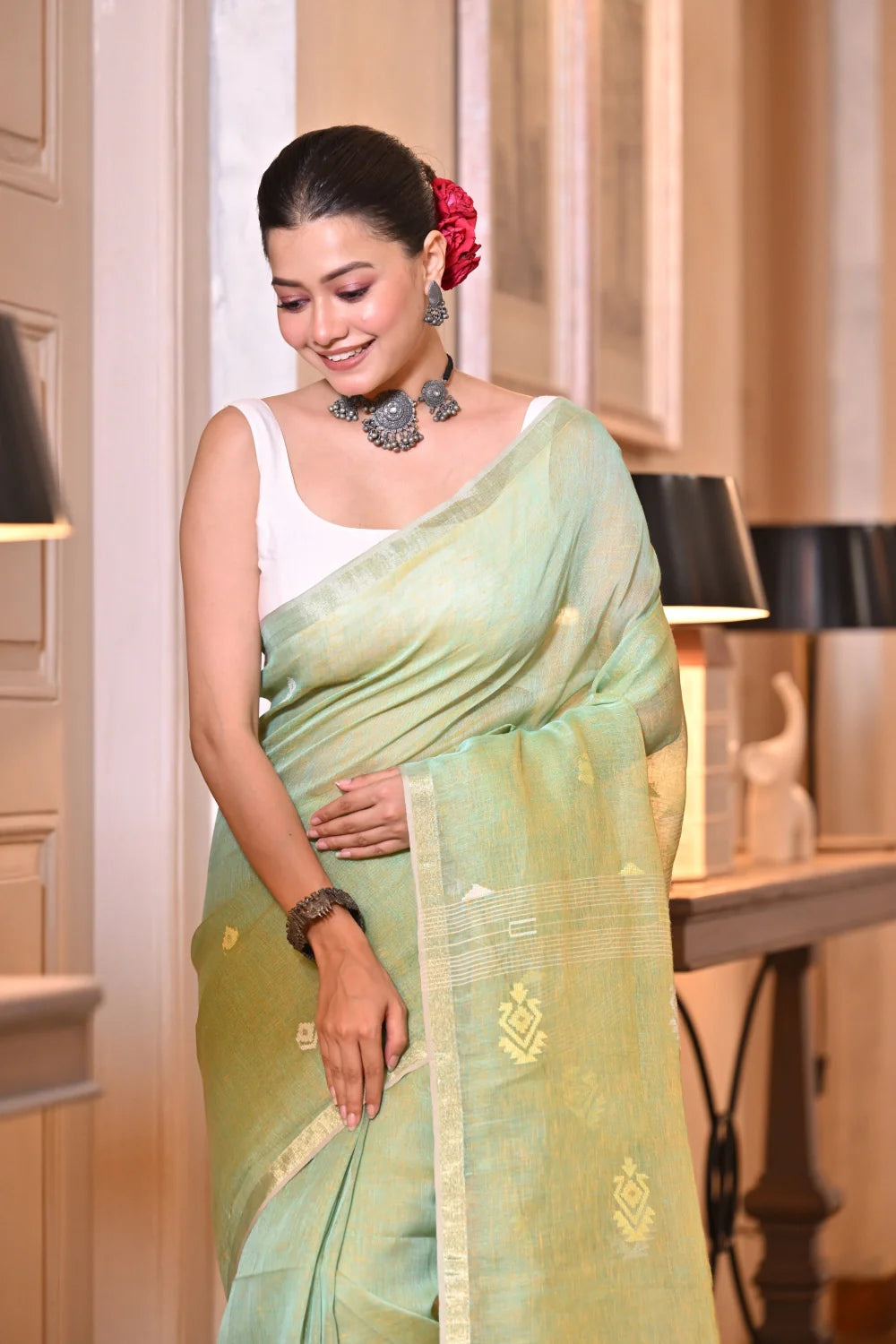 Handloom Mint Green Pure Linen Jamdani Saree