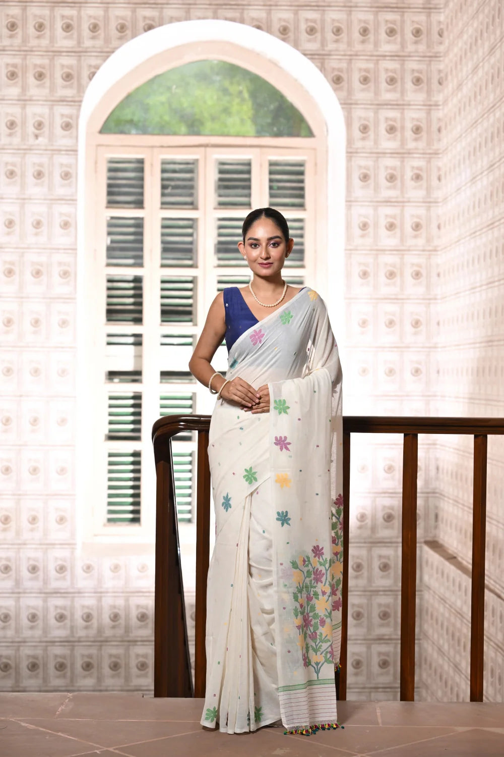 Handloom White Soft Cotton Jamdani With Multi Colour Floral Motifs