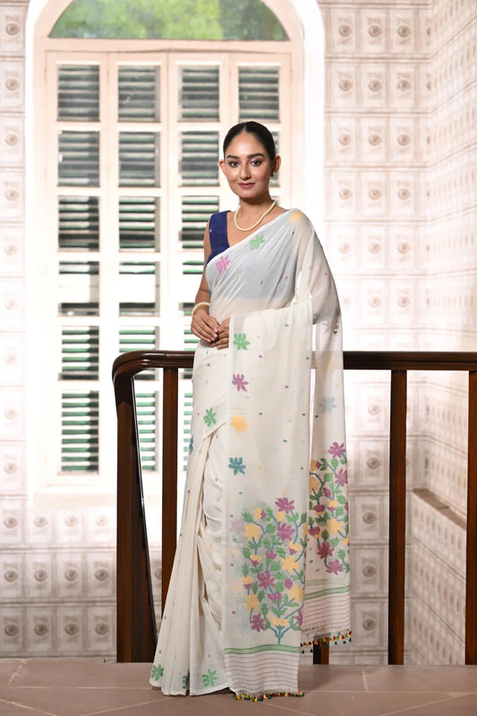 Handloom White Soft Cotton Jamdani With Multi Colour Floral Motifs