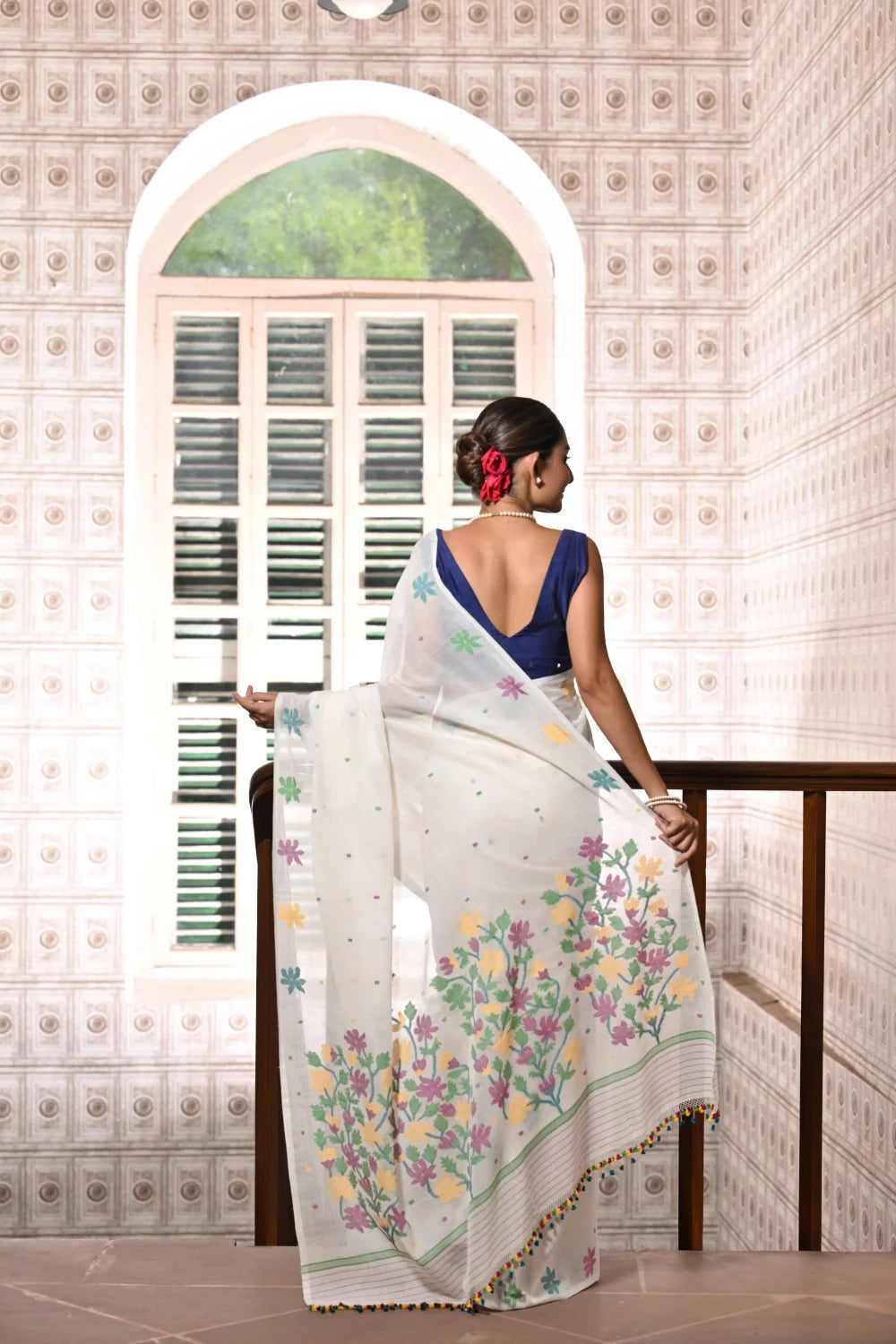 Handloom White Soft Cotton Jamdani With Multi Colour Floral Motifs