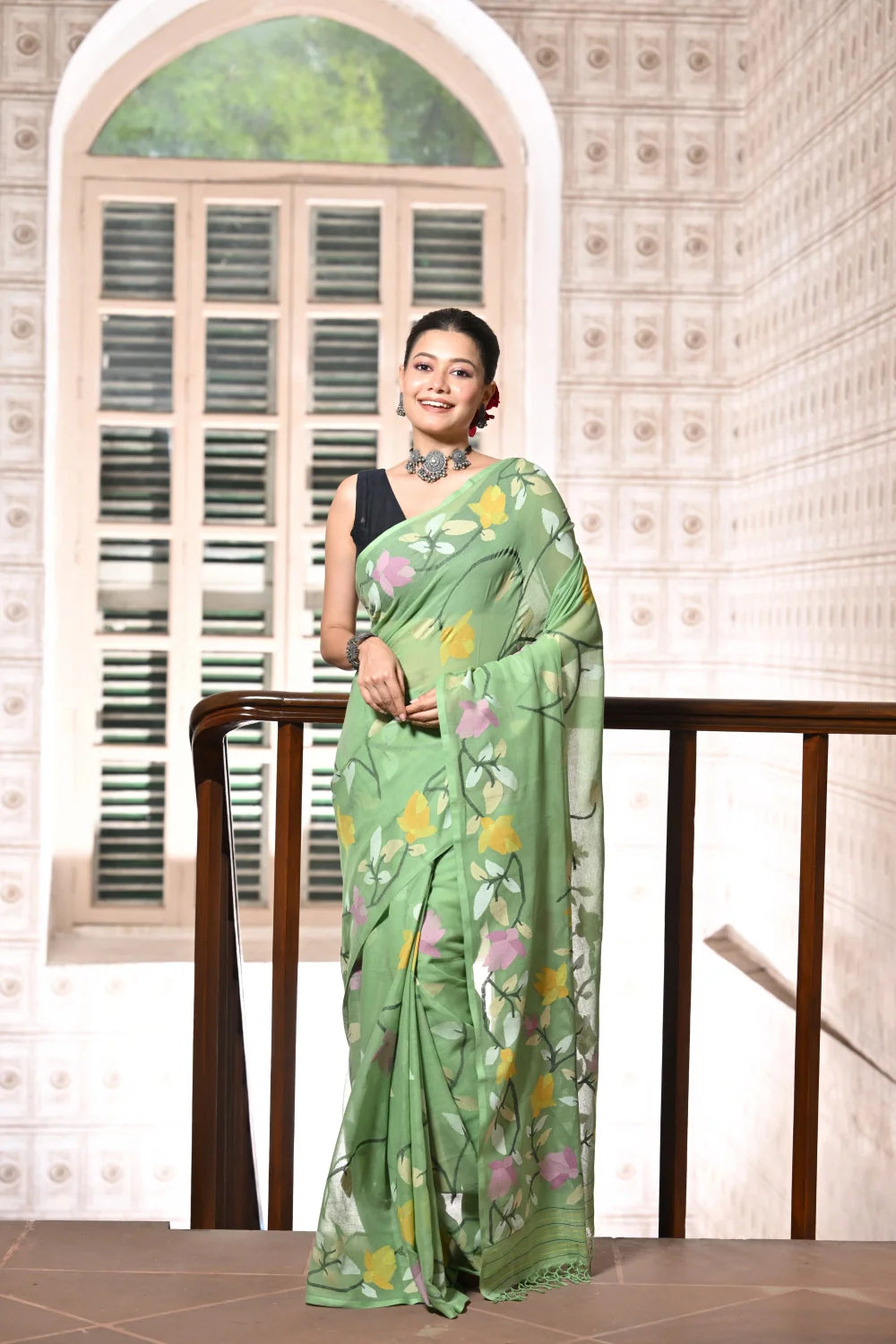 Handloom Pastel Green Soft Cotton Jamdani With Multi Colour Floral Motifs