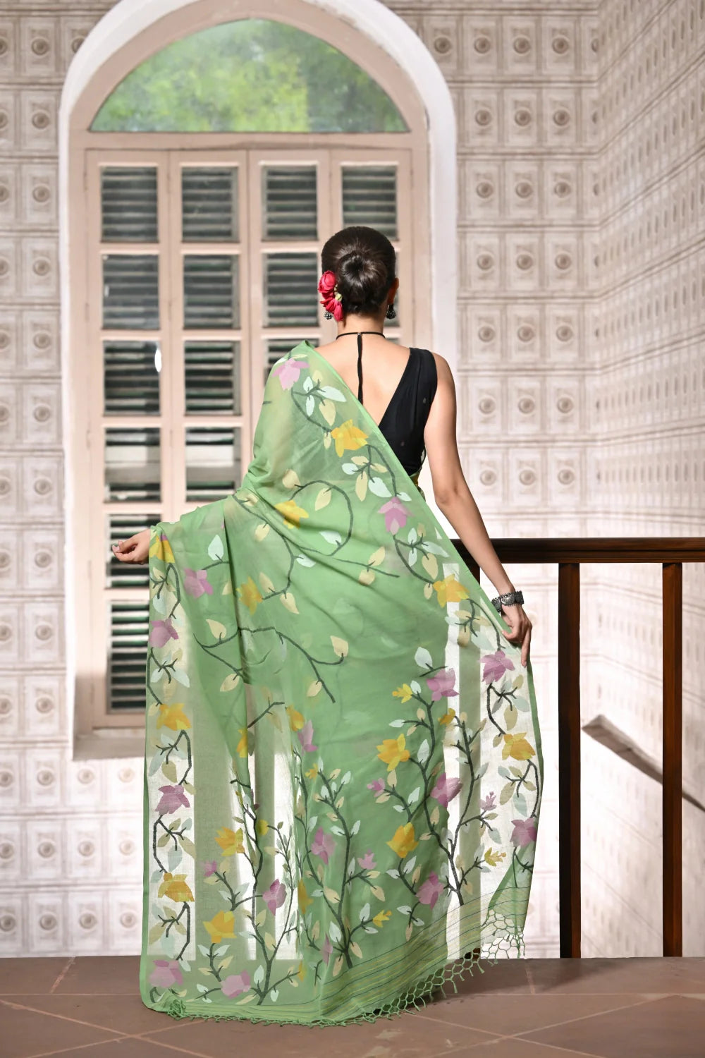 Handloom Pastel Green Soft Cotton Jamdani With Multi Colour Floral Motifs