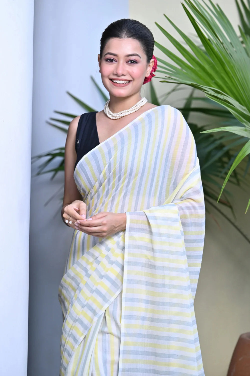 Handloom Lemon and Grey Stripes Mulmul Cotton Saree