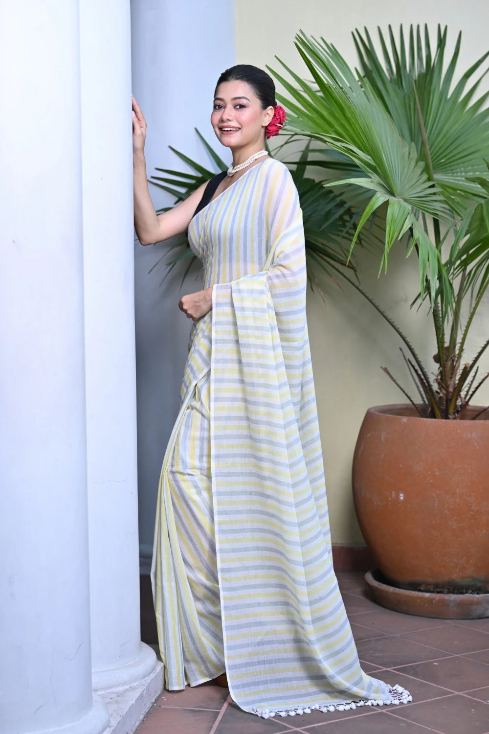 Handloom Lemon and Grey Stripes Mulmul Cotton Saree