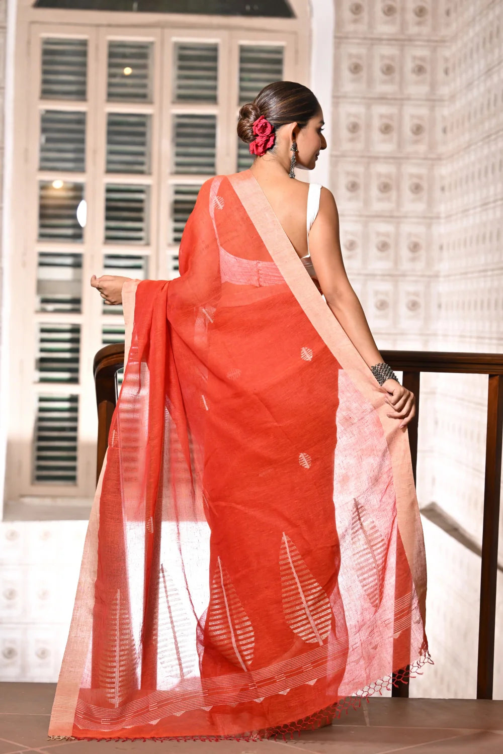 Handloom Candy Red Pure Linen Zari Jamdani Saree